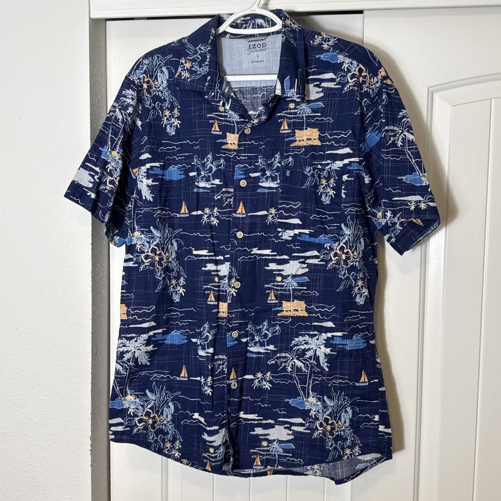 Izod Saltwater Hawaiian Shirt Large Short Sleeve Beach‎ Sail Boat EUC